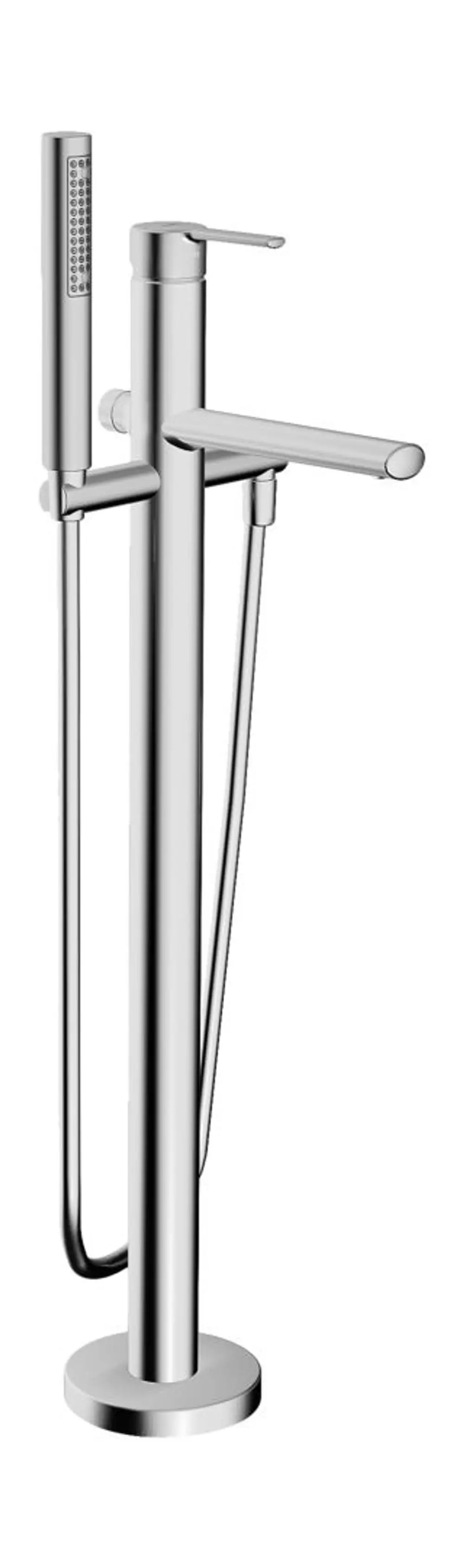 Einhebelmischer für Badewanne von HANSA mit Standrohr. Auslauf und Handbrause sind in verchromtem Finish ausgeführt. Stangenkonstruktion mit integriertem Hebel zur Wassersteuerung.